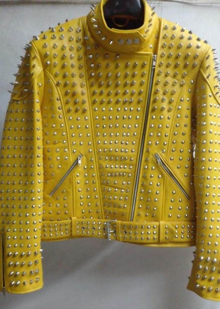 #Yellow #Studded #Jacket #Customized #Handmade #Biker #Leather_Jacket #Silver #Spiked #Studded_Punk #Skinny #Punk #Lined #Women_Jacket  Handmade Made To Order Genuine Leather Jacket Yellow Leather Jacket, Jacket Customized, Jaket Motor, Studded Leather Jacket, Biker Leather Jacket, Fringe Leather Jacket, Studded Jacket, Fringe Jacket, Biker Leather