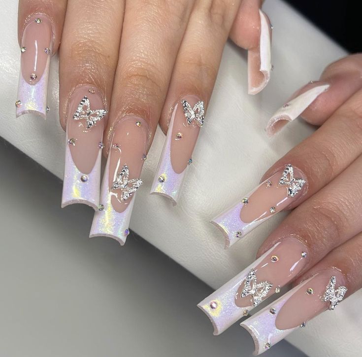 Baddie Birthday Nails Virgo, Nail Designs Bling, Nail Acrylic, Long Acrylic Nails Coffin, Pearl Nails, Long Square Acrylic Nails, Bling Acrylic Nails, Butterfly Nail, Pink Acrylic Nails