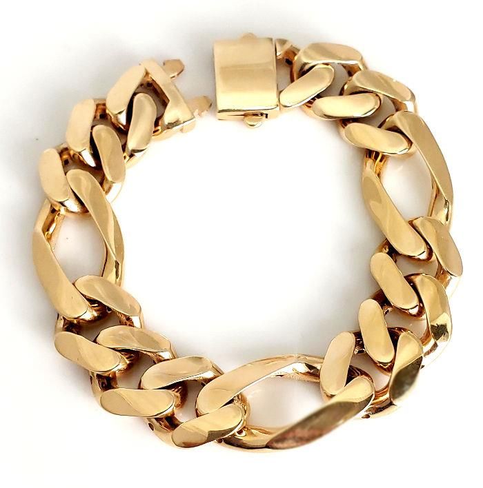 Presenting a captivating 14k Yellow Gold 14mm Hollow Figaro Bracelet, measuring 7 1/4 inches in length, thoughtfully packaged in a gift box for a delightful presentation. This exquisite bracelet features a secure Box Clasp, ensuring both style and security.With a substantial width of 14.5mm and a weight of 19.9 grams, this bracelet exudes a bold and luxurious aura while offering comfort for extended wear. The hallmark of 14k guarantees the authenticity and quality of the gold craftsmanship.Originally priced at $4,100.00, this statement piece epitomizes elegance and sophistication, making it an ideal addition to any jewelry collection or a cherished gift for a loved one. Will come in a gift box. Clasp: Box Clasp Width: 14.5mm Weight: 19.9 grams Length: 7 1/4" closed Hallmarked: 14k 100% Sat Luxury Cuban Link Bracelet With Polished Finish As Gift, Luxury Polished Cuban Link Bracelet As Gift, Elegant Thick Band Bracelet As Gift, Elegant Thick Band Bracelet For Gift, Luxury Thick Band Bracelets For Formal Occasions, Elegant Cuban Link Bracelet With Polished Finish As Gift, Elegant Polished Cuban Link Bracelet Gift, Classic Thick Band Bracelet For Gift, Classic Thick Band Bracelet As Gift