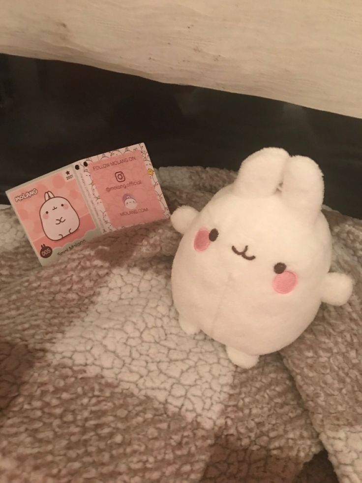 a white stuffed animal sitting on top of a bed next to a package of tissues