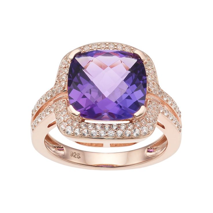 A cushion-cut genuine amethyst stone serves as the focal point on this square halo ring, while lab-created white sapphires add endless sparkle. RING DETAILS Width: 0.54 in. Metal: sterling silver Plating: 14k rose gold Finish: polished Packaging: boxed  STONE DETAILS Stone type: amethyst, lab-created white sapphire Total weight: 5 1/4 ct. Center stone weight: 4 3/4 ct. Center stone size: 11 mm Shape: cushion cut, round Setting: prong Gemstones may have been treated to enhance their appearance. S Fine Jewelry With Cushion Cut Amethyst, Fine Jewelry Cushion Cut Amethyst, Cushion Cut Amethyst Fine Jewelry, Luxury Purple Cushion Cut Jewelry, Classic Cushion Cut Purple Jewelry, Formal Amethyst Cushion Cut Jewelry, Purple Cushion Cut Fine Jewelry, Formal Cushion Cut Amethyst Jewelry, Classic Purple Cushion Cut Jewelry