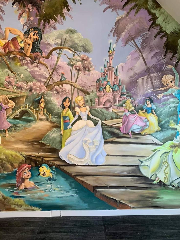 the mural on the wall depicts disney's princesses and their families in water