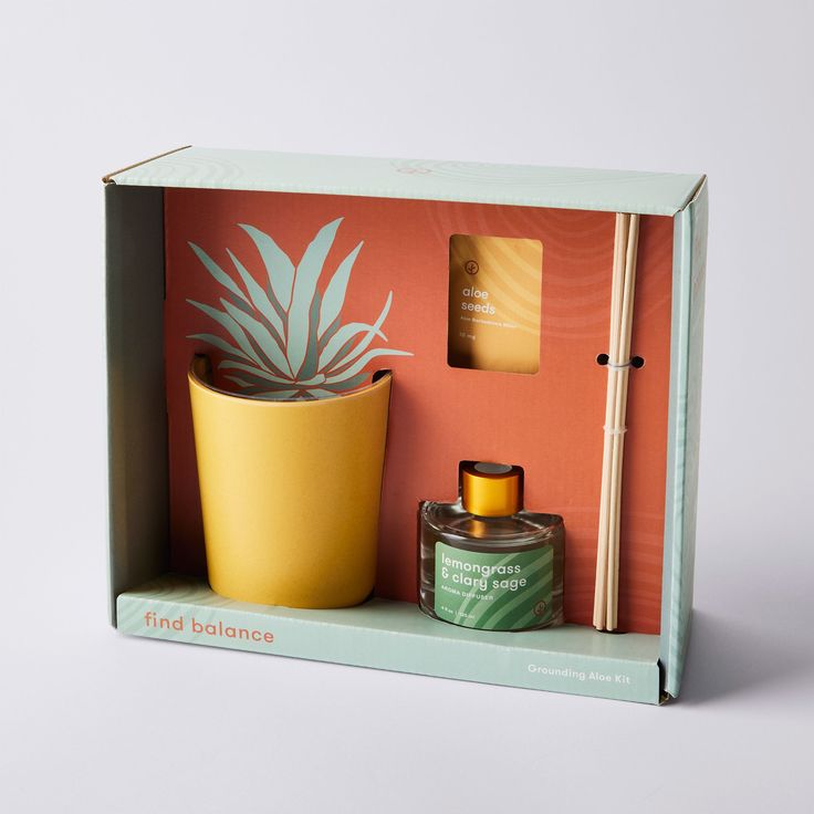 a box with some items in it on a white surface and an orange wall behind it