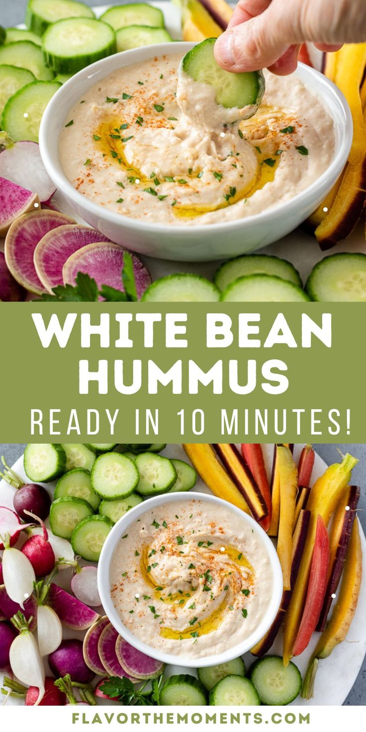 white bean hummus is served in a bowl and surrounded by sliced cucumbers