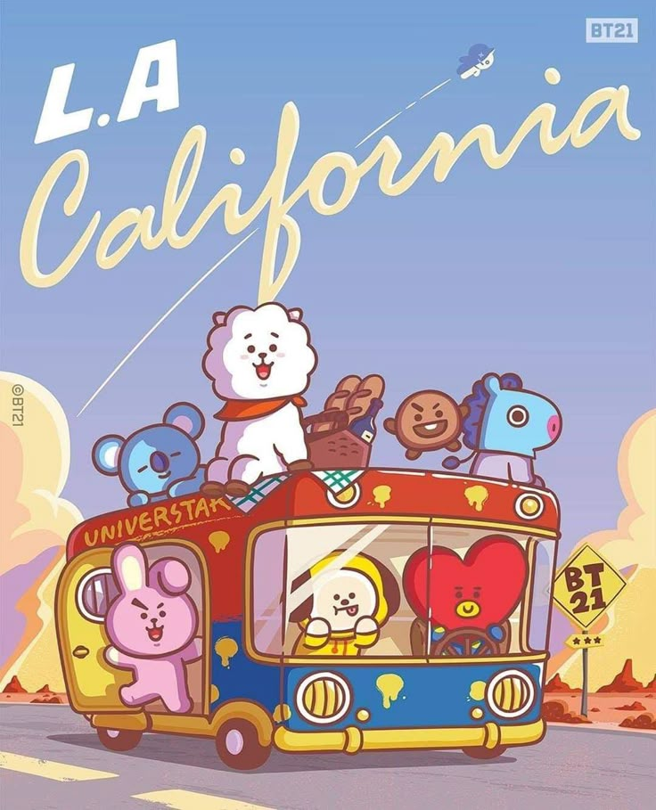 an advertisement for the los angeles bear company featuring teddy bears on top of a bus