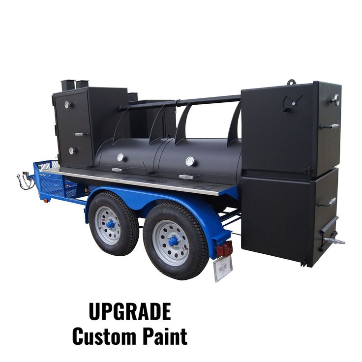 the trailer is equipped with an up - grade custom paint system for outdoor cooking and storage