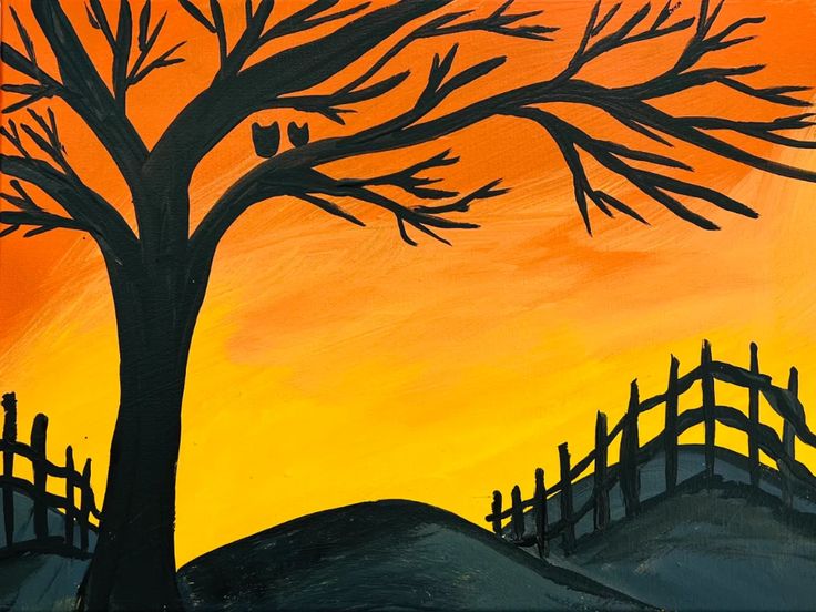 an acrylic painting of a tree and fence at sunset