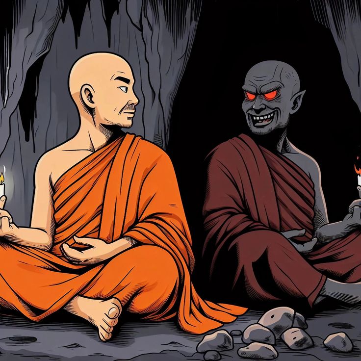 two monks sitting next to each other with candles in their hands and one holding a lit candle