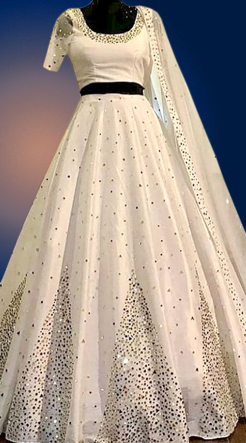 Ivory Lehenga Choli White Anarkali Tissue Silk Choli, White Tissue Silk Choli For Designer Wear, White Anarkali Choli In Tissue Silk, Traditional White Embellished Wedding Dress, White Wedding Gown With Mirror Work, Elegant White Wedding Dress With Resham Embroidery, Designer White Tissue Silk Lehenga, Designer Tissue Silk White Lehenga, White Embellished Traditional Lehenga