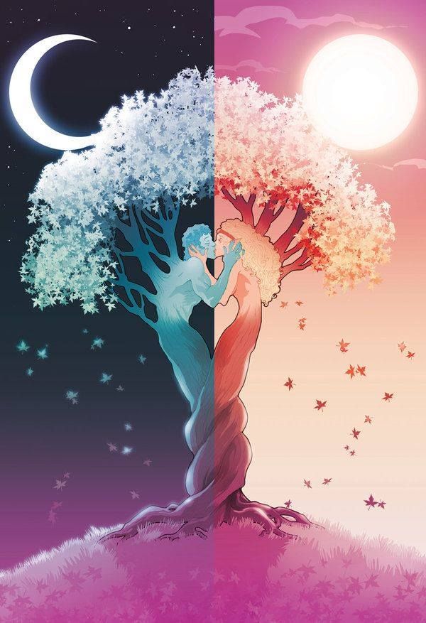 two trees with different colors and shapes in the background, one has a woman hugging her head