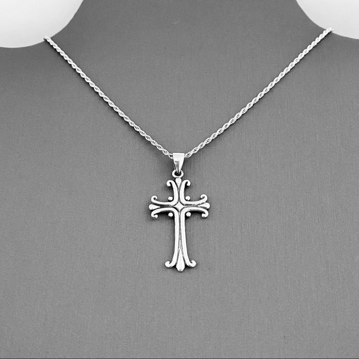 Sterling Silver Unisex Fancy Cross Pendant With Italian Rope Chain Necklace, Boho Necklace, Religious Necklace, Cross Necklace, Silver Necklace, 925 Stamped Pendant Height: 28 Mm Chain Gauge: 1.4 Mm Chain Finish: Rhodium Plated Material: 925 Sterling Silver Elegant Cross Necklaces With Sterling Silver Clasp, Elegant Sterling Silver Nickel-free Cross Necklace, Nickel-free Sterling Silver Elegant Cross Necklace, Fancy Cross, Cross Necklace Women, Necklace Cross, Rope Chain Necklace, Necklace Boho, Boho Necklace