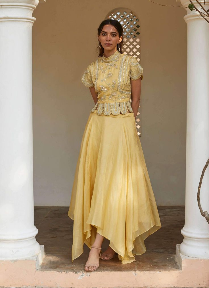 Osaa By Adarsh-Yellow Embroidered Crop Top And Skirt-INDIASPOPUP.COM Elegant Royal Dresses, Crop Top And Skirt, Embroidered Crop Tops, Long Dress Design, Stylish Dresses For Girls, Indian Designer Outfits, Indian Fashion Dresses, Top And Skirt, Kurta Designs