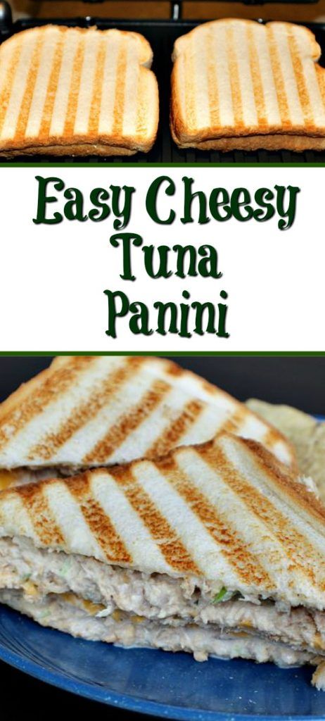 grilled cheesey tuna panini on a blue plate with text overlay that reads easy cheesy tuna panini