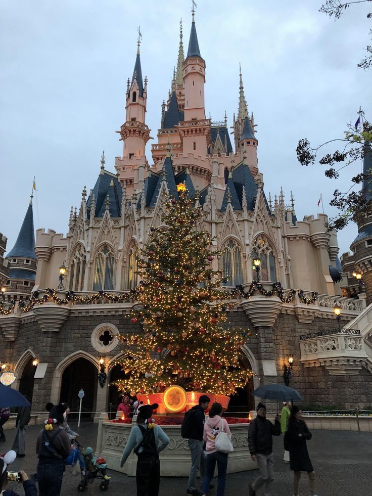 people are standing in front of a christmas tree at the entrance to sleeping beauty's castle