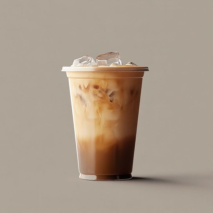 an iced coffee drink with ice and caramel on the top is photographed against a gray background