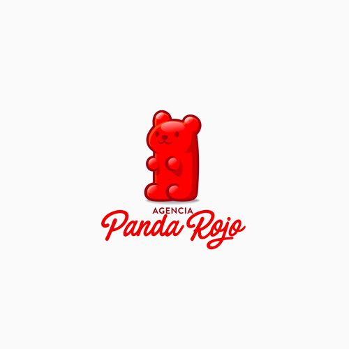 a red teddy bear sitting on top of a white wall next to the words panda pepo