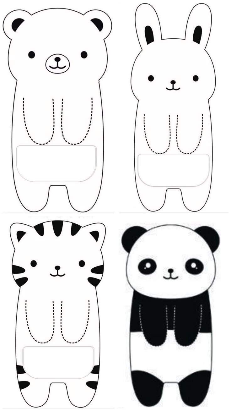 four paper cut outs with panda, tiger and bear faces on them in black and white