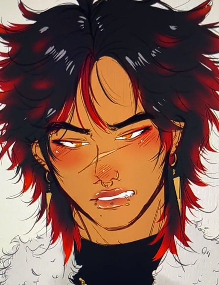 an anime character with red hair and piercings on his ears, staring at the camera