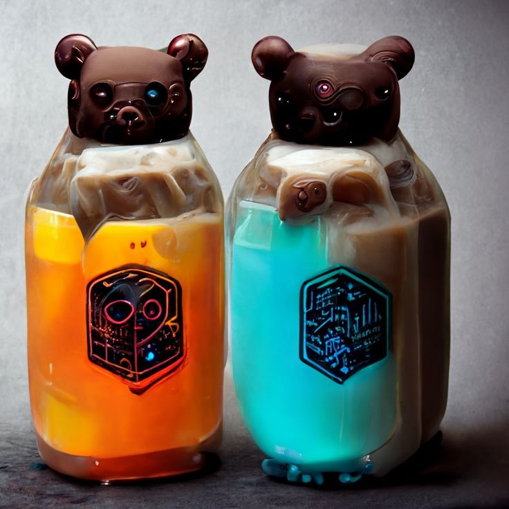 there are two bottles that have bears in them on top of each other, one is blue and the other is yellow