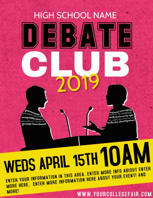 a poster for the debate club with two men sitting at a table talking to each other