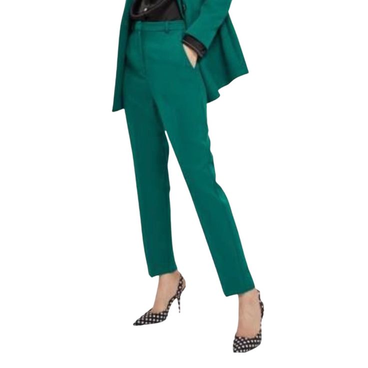 -Slender Suit Pants -2 Handy Pockets -Sleek Ankle-Grazing Hem Chic Green Dress Pants For Office, Elegant Green Office Bottoms, Formal Green Straight Leg Dress Pants, Elegant Green Dress Pants For Workwear, Elegant Green Straight Dress Pants, Green Tapered Leg Pants For Office, Green Tapered Leg Formal Bottoms, Tailored Elegant Green Bottoms, Elegant Tailored Green Pants