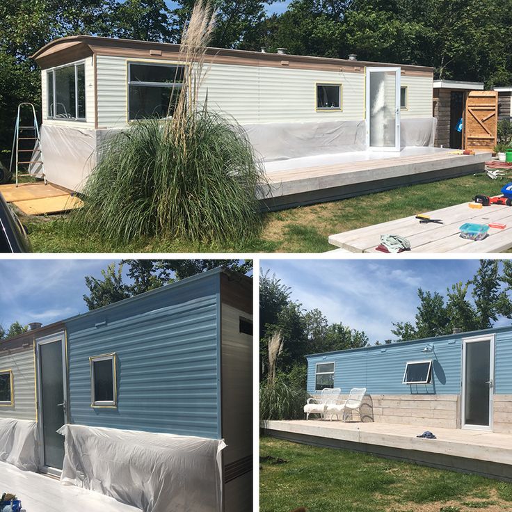 two pictures of a small house being built in the yard and covered with tarp