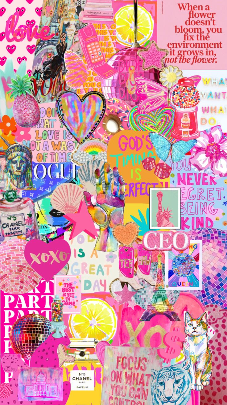 a collage of pink, yellow and blue items with words that read love is in the air