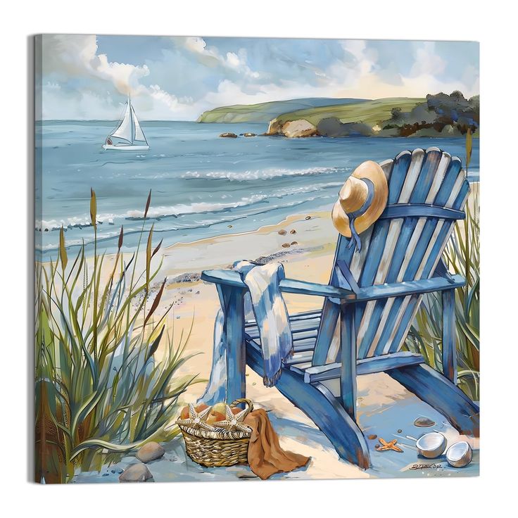 a painting of a blue chair on the beach with a sailboat in the background