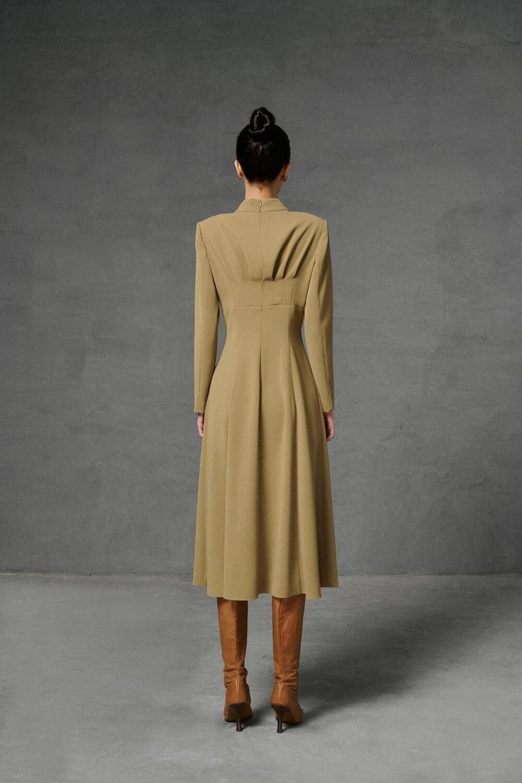 Tullia A-line Turtle Neck Twill Dress | MEAN BLVD Timeless Long Sleeve Formal Dress, Spring Midi Seamed Dresses, Spring Midi-length Seamed Dresses, Spring Midi Length Seamed Dresses, Classic Beige Midi Dress For Fall, Spring Semi-formal Midi Dress With Fitted Bodice, Chic Midi-length Seamed Dress, Chic Seamed Midi-length Dress, Tailored A-line Dress For Semi-formal Occasions