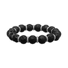 "Featuring black lava and stainless steel beads, this stretchable bracelet is perfect for everyday wear. BRACELET DETAILS Length: 8.5 in. Clasp: adjustable Metal: stainless steel Finish: polished Stone: black lava rock Packaging: boxed Size: 8.5"". Gender: male. Age Group: adult." Beaded Braclets, Lava Bead Bracelet, Healing Gemstone Bracelets, Lava Beads, Beads Bracelet Design, Wire Wrapping Stones, Mens Leather Bracelet, Mens Beaded Bracelets, Lava Rock