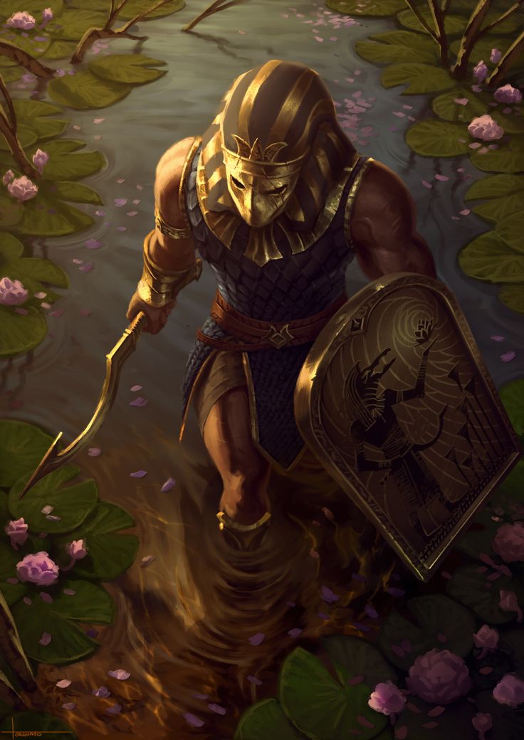 a painting of a man in armor walking through water with a shield on his shoulder