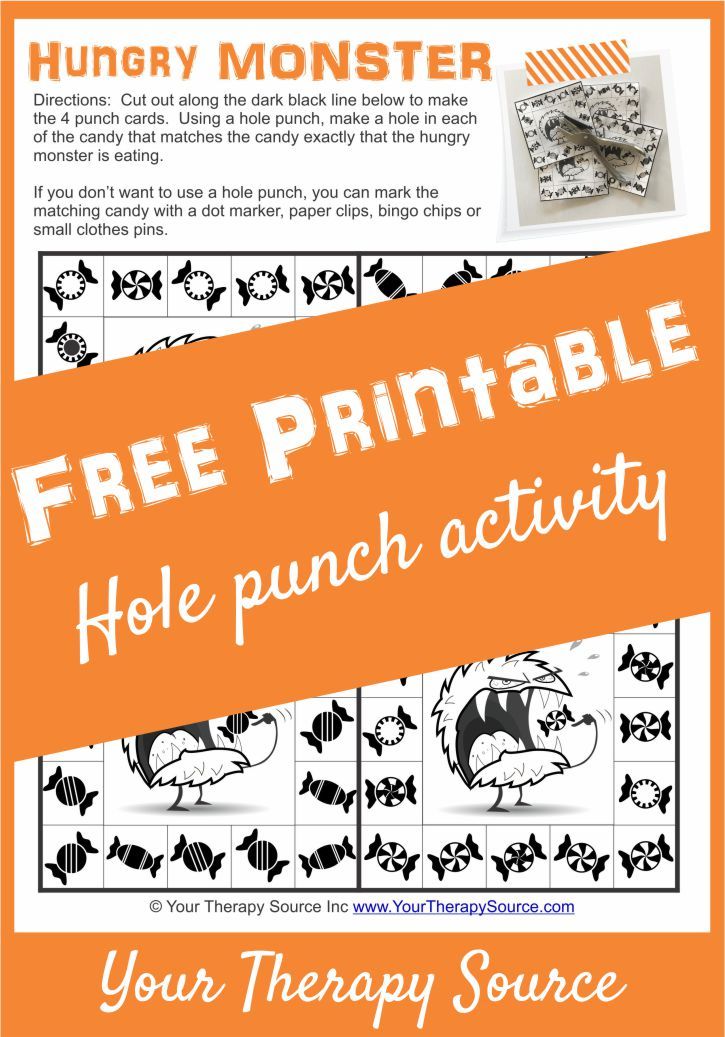 Hole Punch Free Printable Hungry Monster Hole Punch Activities, Hungry Monster, Kids Email, Fun Halloween Activities, Hand Strengthening, Pediatric Physical Therapy, Pediatric Occupational Therapy, Pediatric Therapy, Speech Therapy Activities