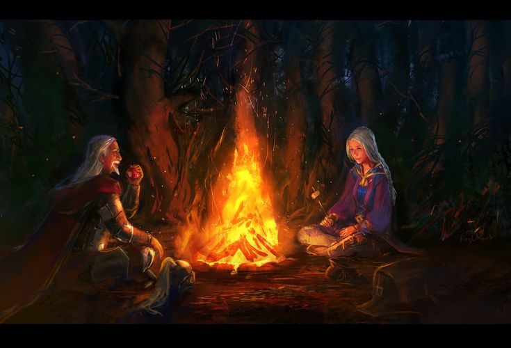 two people sitting around a fire in the woods