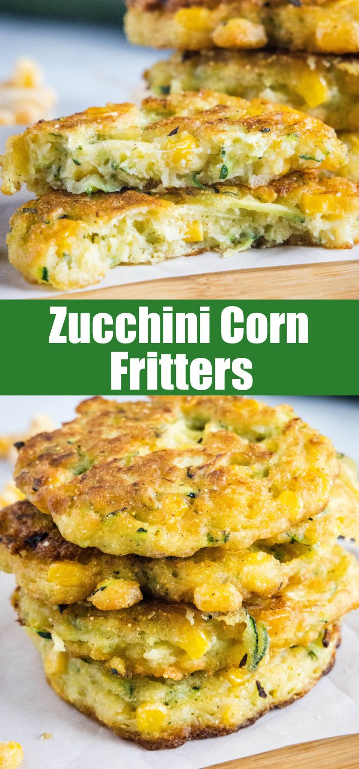 zucchini corn fritters are stacked on top of each other with the words zucchini corn fritters above them