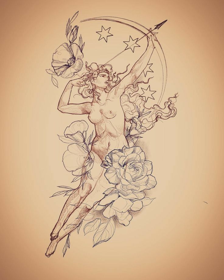 a drawing of a woman with flowers and stars on her body, holding a bow