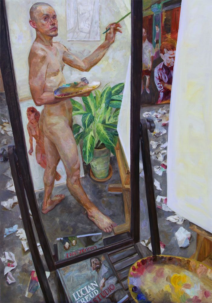 a painting of an older man holding a paintbrush and brush in front of a mirror