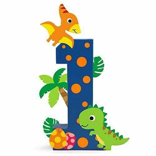 the number one is decorated with dinosaurs, palm trees and an orange bird on top