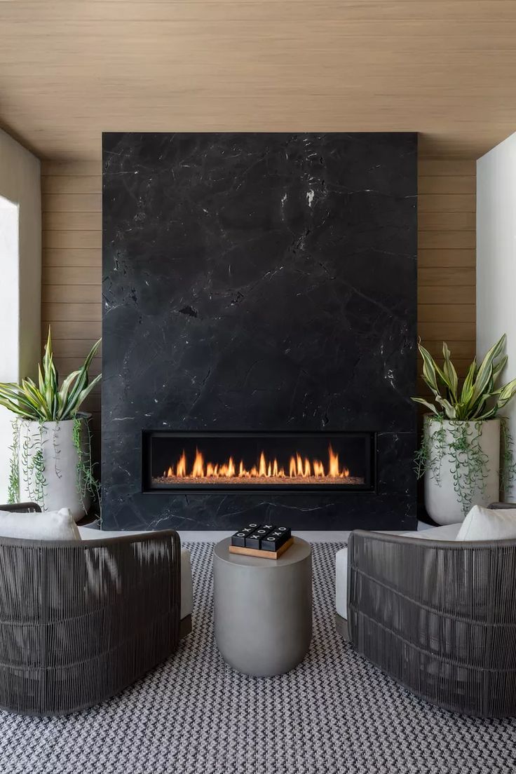 a living room with a fire place and potted plants