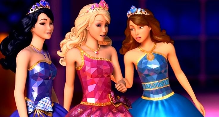 three barbie dolls standing next to each other wearing dresses and tiaras, all in different colors