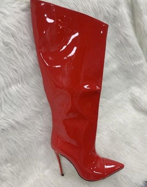 Red Knee High Boots, Stiletto Boots, Red Boots, Gold Shoes, Knee High Leather Boots, Womens Knee High Boots, Silver Shoes, Silver Drop Earrings, Heel Boots