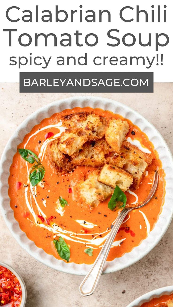 a white bowl filled with tomato soup and topped with croutons