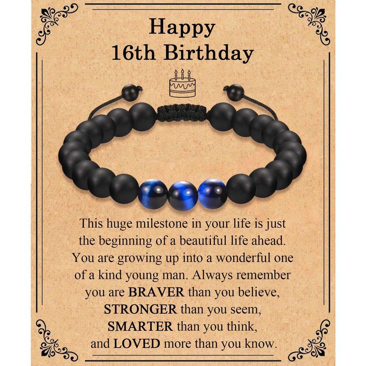 a happy 16th birthday card with two black beads and a blue bead on it