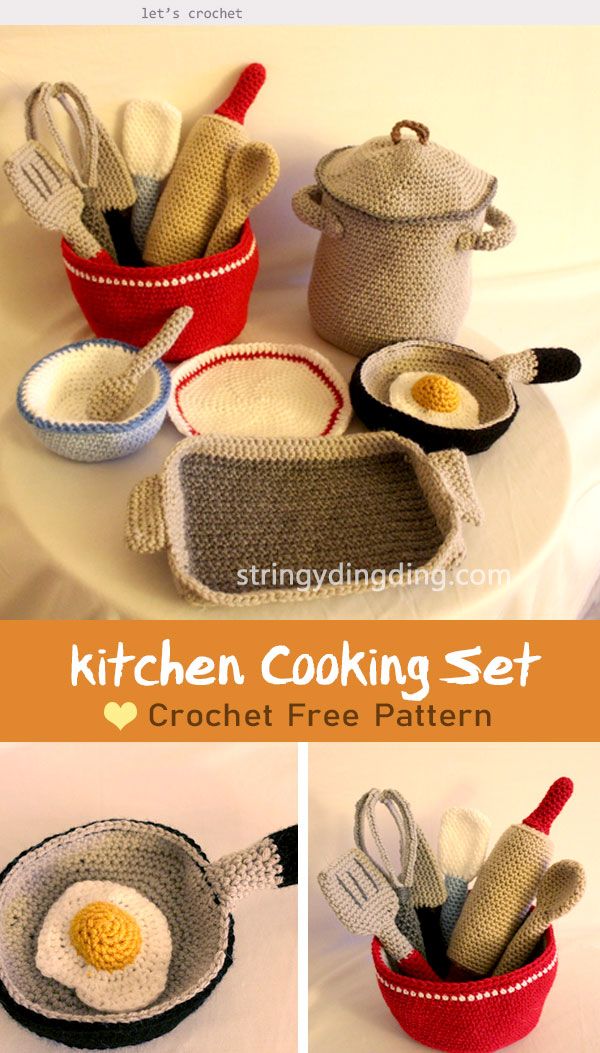 crochet kitchen cooking set with eggs and spoons in red, white and gray bowls