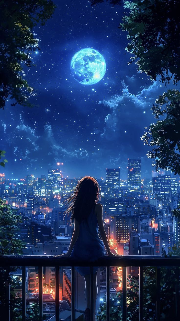 a woman sitting on a balcony looking at the night sky with stars and moon in the background