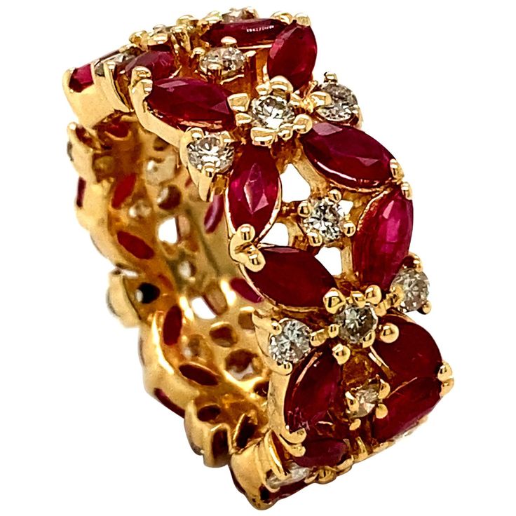 6.75 Carat Natural Diamond and Ruby Ring Band G SI 14K Yellow Gold 100% Natural Diamonds and Rubies 6.75CTW G-H SI 14K Yellow Gold, Prong style Size 7 diamonds - 1.37ct, rubies - 5.38ct R5638RA ALL OUR ITEMS ARE AVAILABLE TO BE ORDERED IN 14K WHITE, ROSE OR YELLOW GOLD UPON REQUEST. All Chains of Pendants and Necklaces Can be Requested in 16'' or 18'' Length. . This item is proudly handcrafted in the USA. Perfect gift on any occasion. This Item has passed highest quality inspections. We want you Ruby Ring Band, Ruby Band Ring, Diamond And Ruby Ring, Round Cut Diamond Earrings, Kentia Palm, Diamond Necklace Designs, Indian Jewellery Design Earrings, Cars Luxury, Rings Fashion