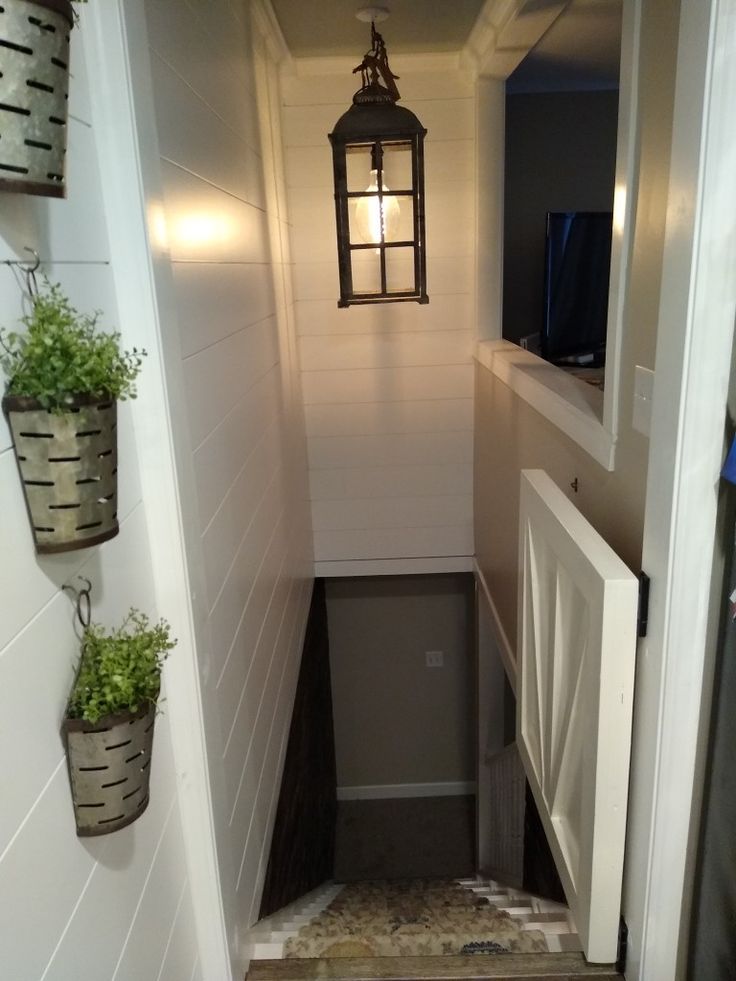 a narrow hallway with some plants on the wall and a light hanging from the ceiling