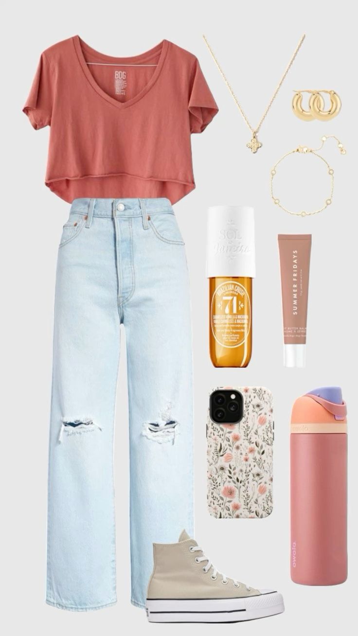 an outfit with jeans, sneakers and accessories