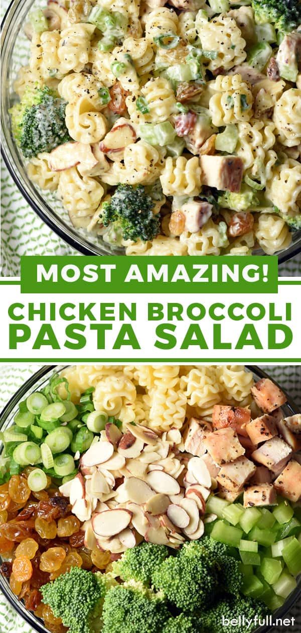 two bowls filled with pasta and broccoli next to the words most amazing chicken broccoli pasta salad