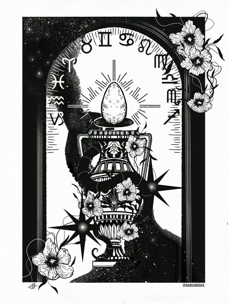 a black and white drawing of a clock with flowers in front of the clock face