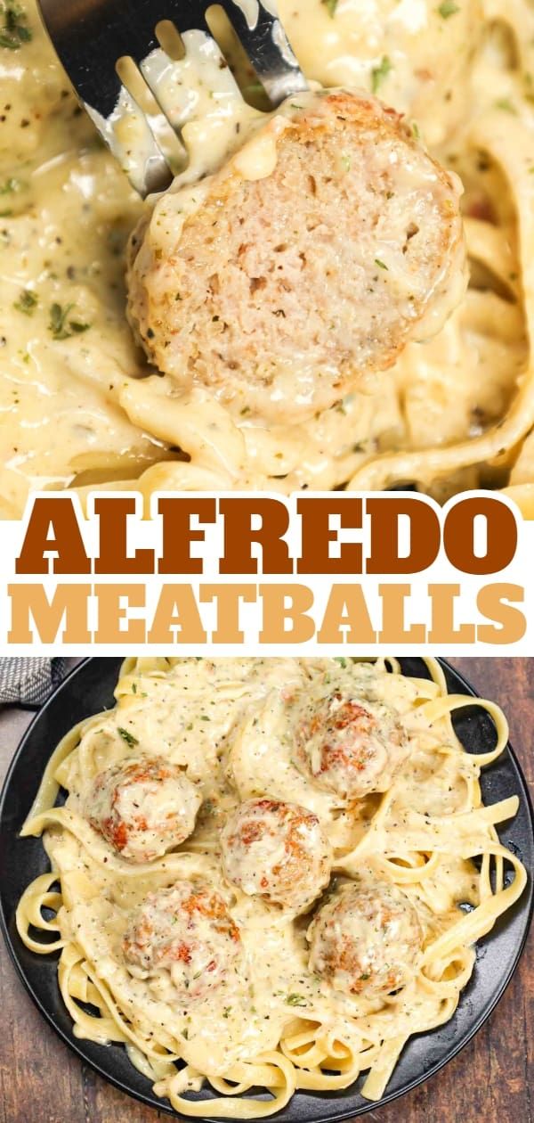 an image of alfredo meatballs being served over pasta